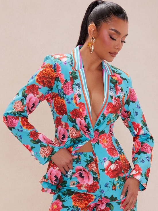 Fashion Nova Pants - Fashion Nova Turquoise Floral Pantsuit with Pink & Red Blooms